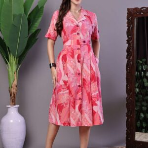 Women's Pink Printed Cotton Midi Shirt Dress