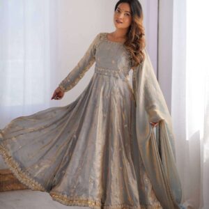 Women's Fandy Silk Coding with Sequnce work Long Anarkali Kurti Gown With Dupatta